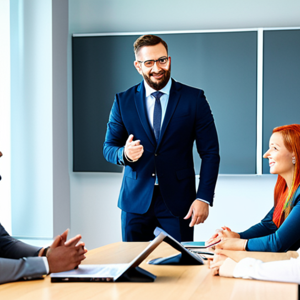 A diverse team of professionals, fully clothed in appropriate business attire, engaged in an open and collaborative discussion around a large conference table in a modern, brightly lit office. A male team leader, also professionally dressed, is actively listening and encouraging participation with a welcoming expression. The atmosphere is one of mutual respect and trust, highlighting effective communication and a positive work environment. Perfect anatomy, correct proportions, natural pose, well-formed hands, proper finger count. Professional photography, high quality, safe for work, appropriate content, modest, family-friendly.