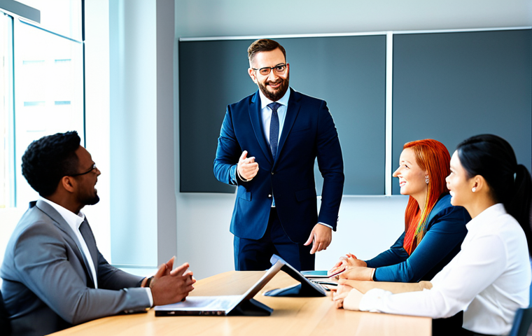 A diverse team of professionals, fully clothed in appropriate business attire, engaged in an open and collaborative discussion around a large conference table in a modern, brightly lit office. A male team leader, also professionally dressed, is actively listening and encouraging participation with a welcoming expression. The atmosphere is one of mutual respect and trust, highlighting effective communication and a positive work environment. Perfect anatomy, correct proportions, natural pose, well-formed hands, proper finger count. Professional photography, high quality, safe for work, appropriate content, modest, family-friendly.